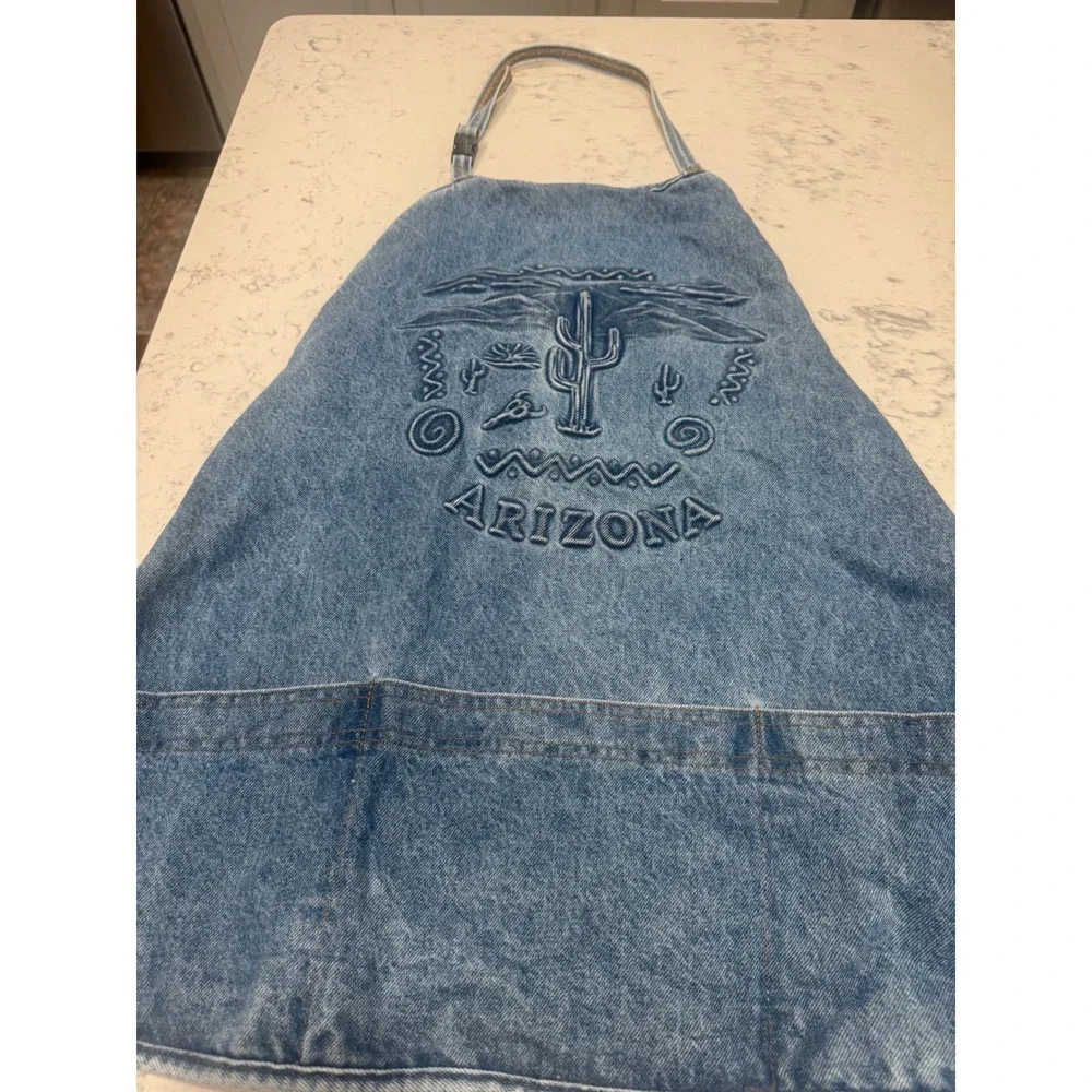 Vintage Arizona Desert Embossed Blue Denim Apron Made in USA Southwestern Cactus